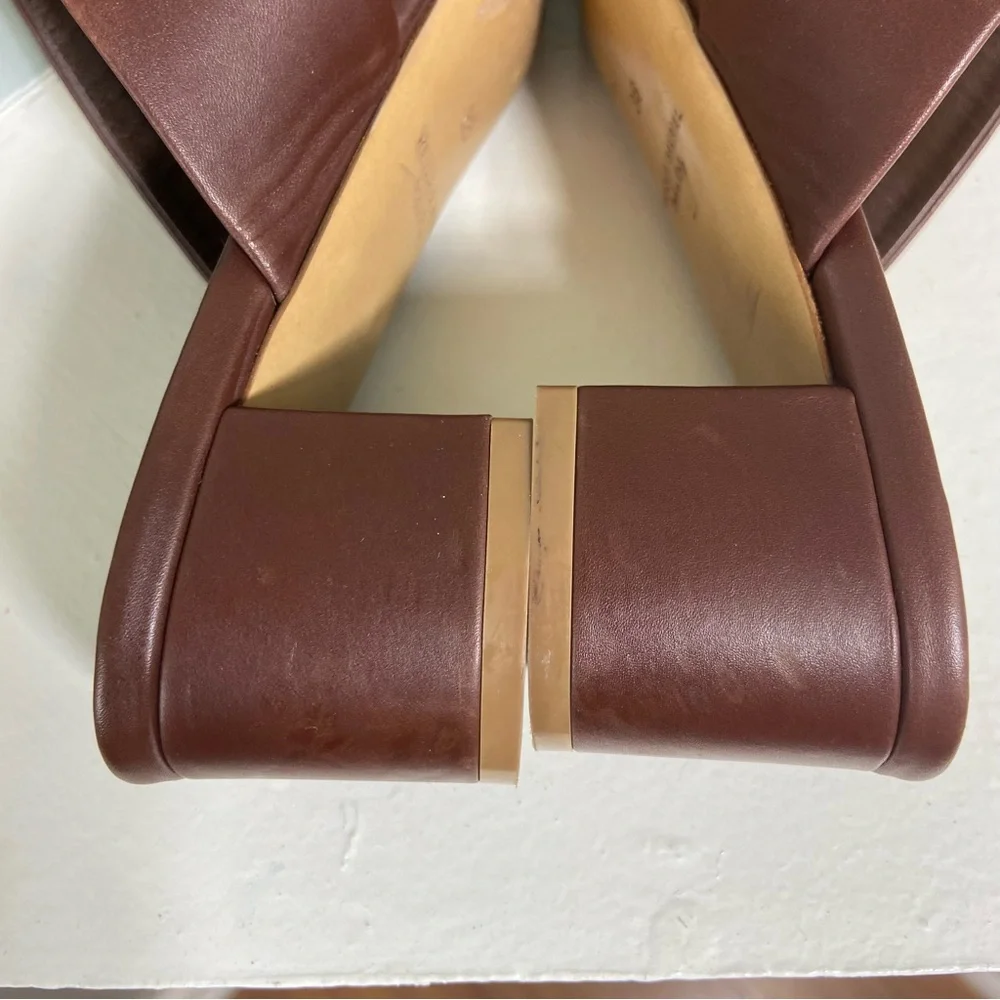 Mansur Gavriel Brown Leather Block Chunky Heeled Mules Sandals Heels Size 36/6